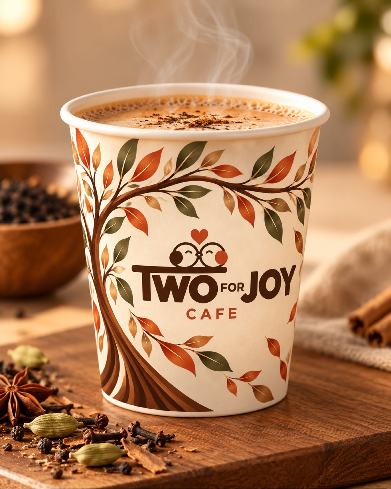 Steaming masala chai in a Two for Joy Café cup with whole spices
