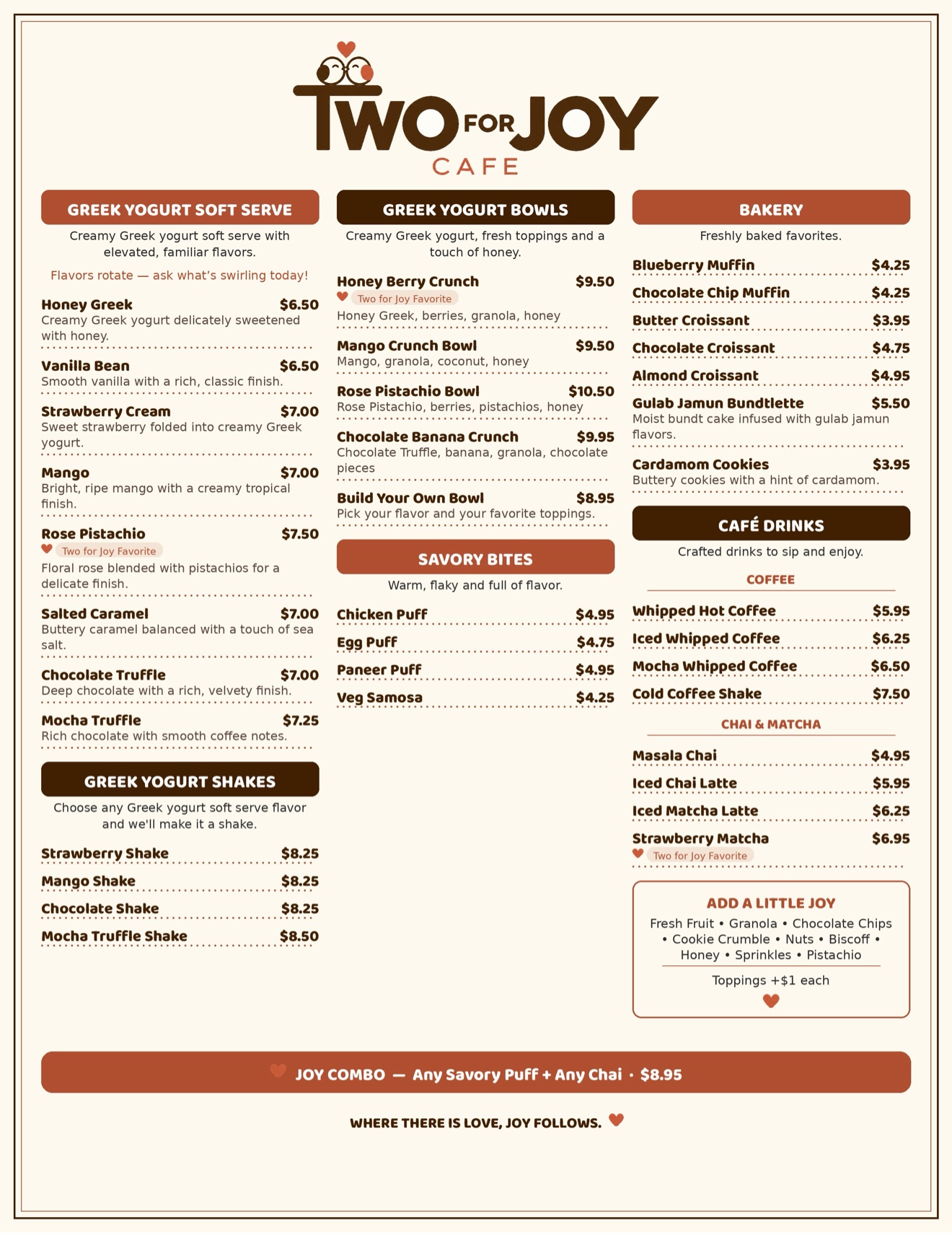 Official Two for Joy Café menu board with drinks, Greek yogurt treats, food and prices