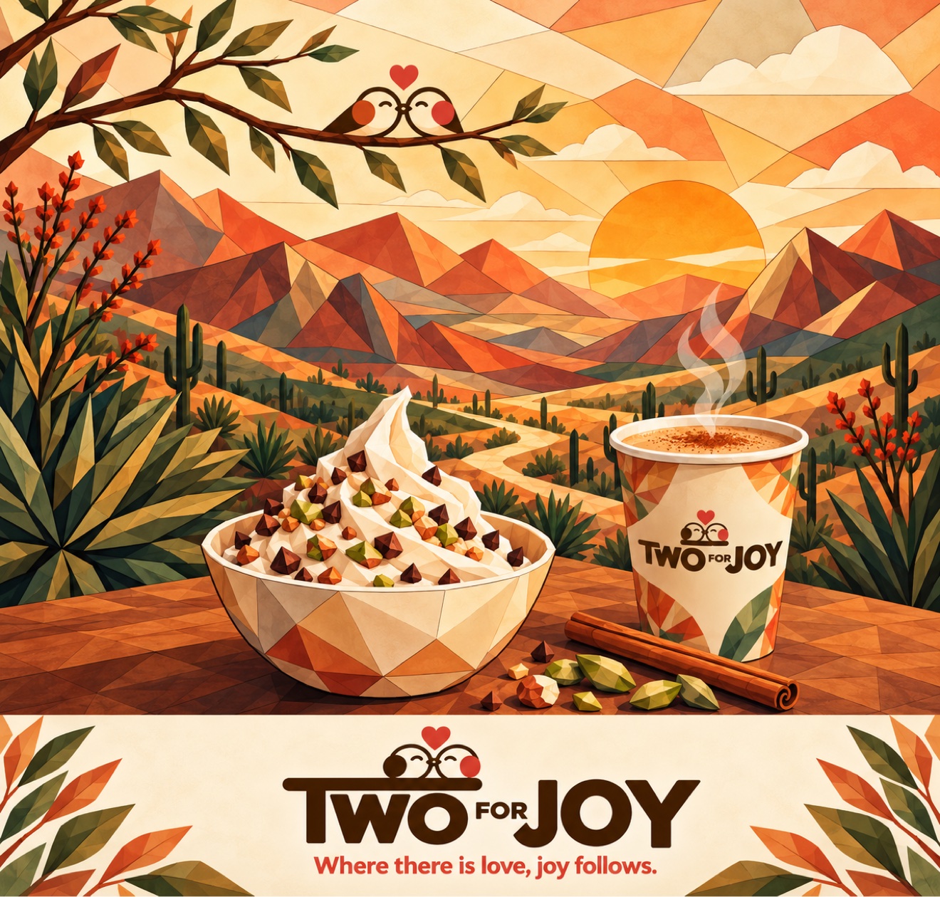 Two for Joy lovebirds above a desert sunset, frozen yogurt and masala chai