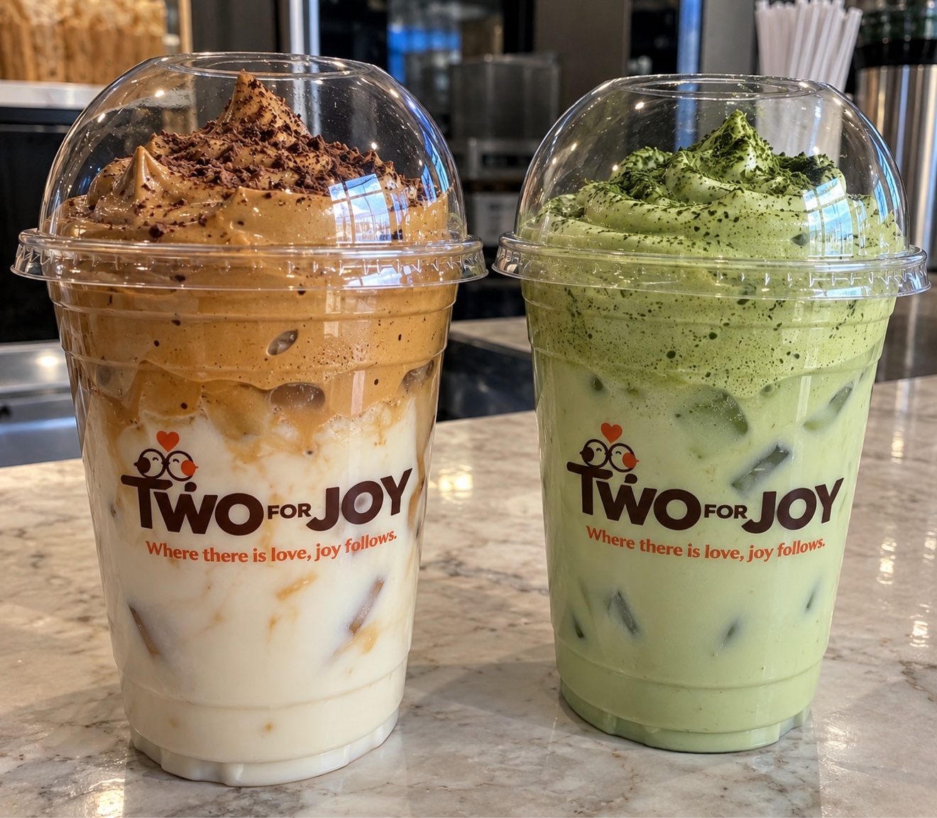 Dalgona-style whipped coffee and whipped matcha served iced in Two for Joy cups