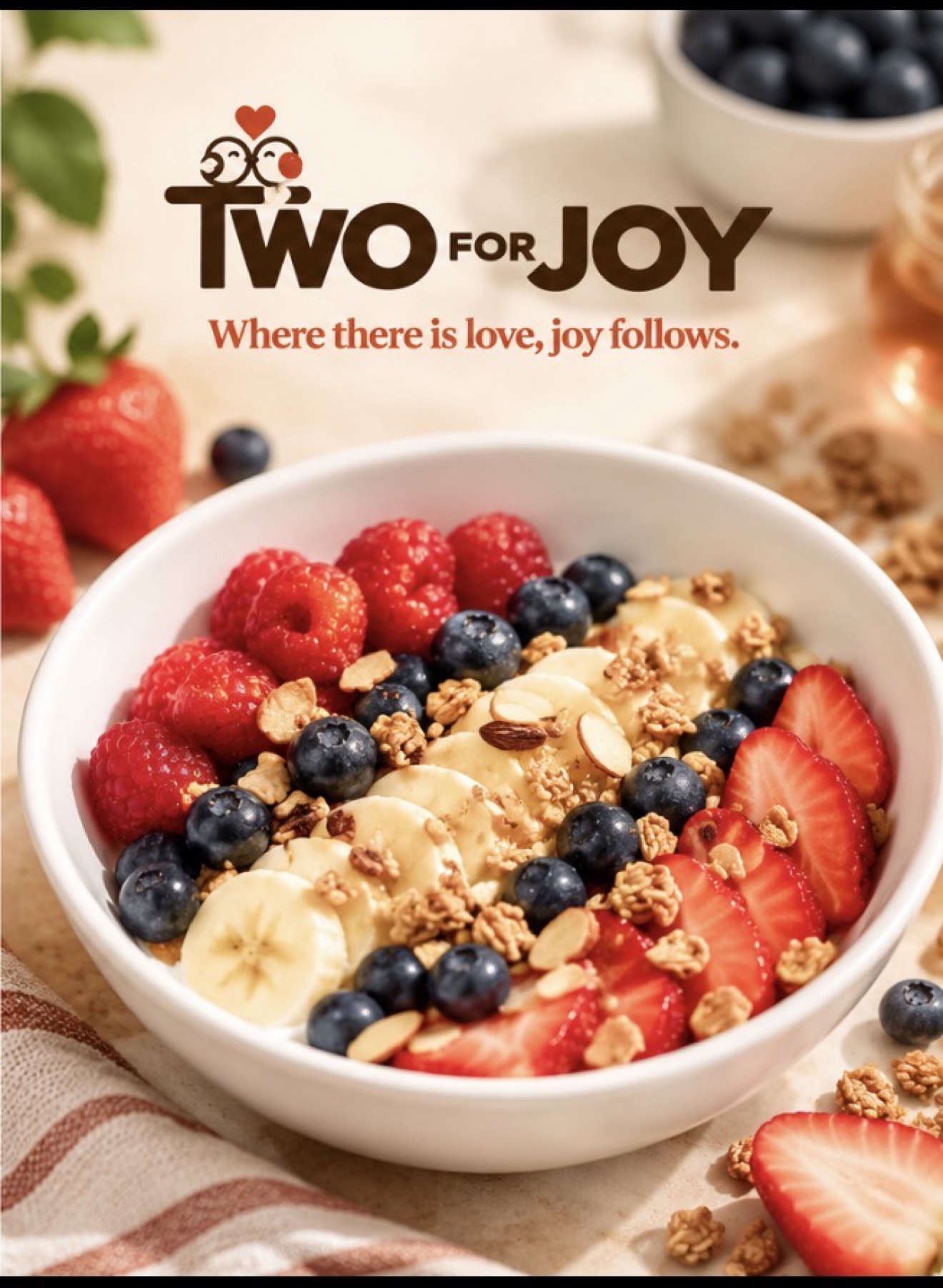 Berry and banana yogurt bowl with granola and almonds