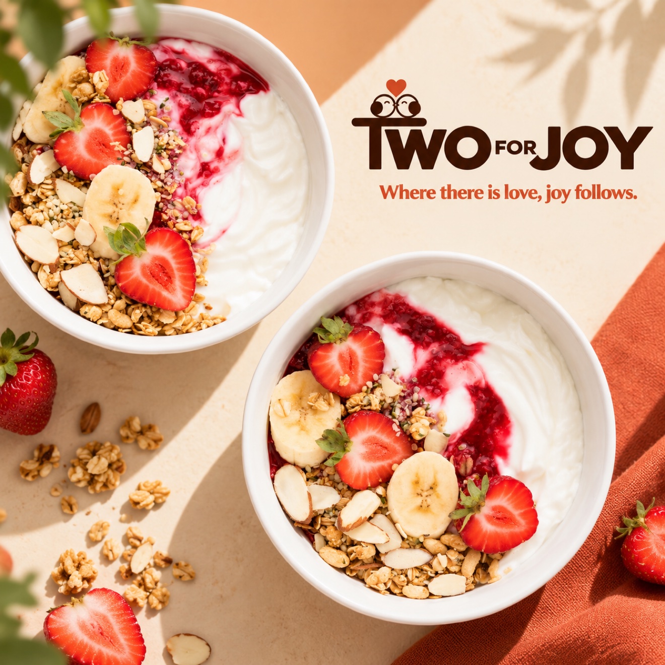 Two strawberry banana yogurt bowls made for sharing