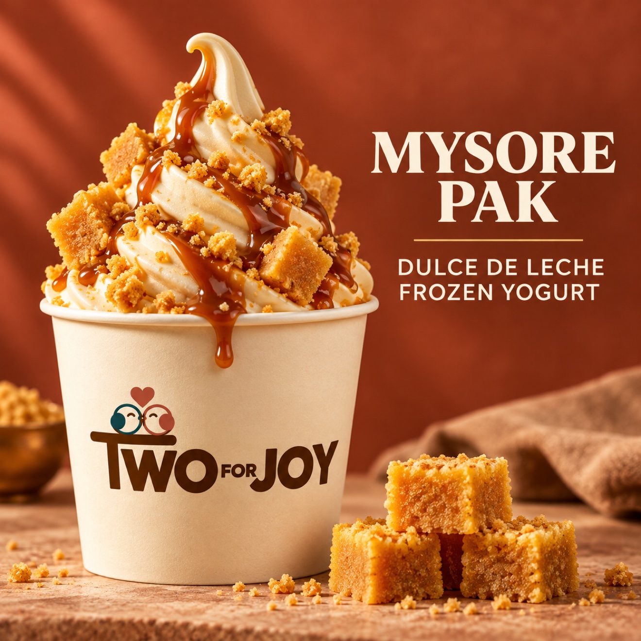 Mysore Pak dulce de leche frozen yogurt with caramel and pieces of Mysore Pak