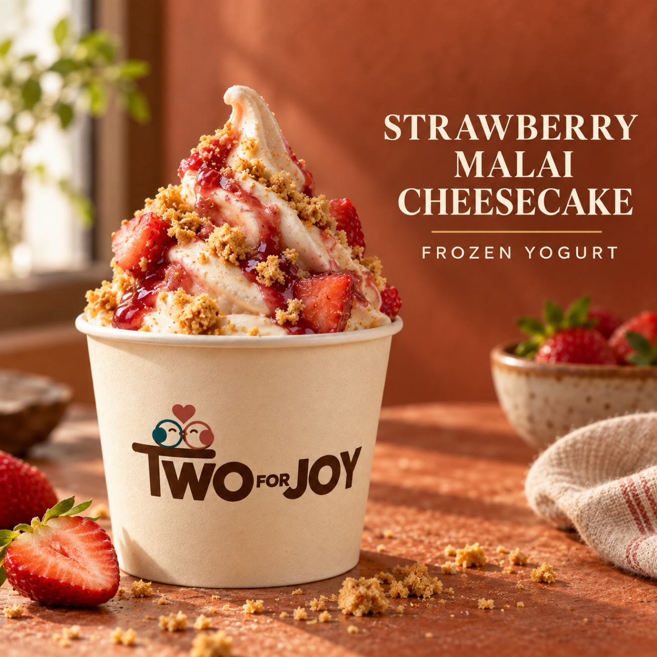 Strawberry malai cheesecake frozen yogurt with strawberries and crumb topping