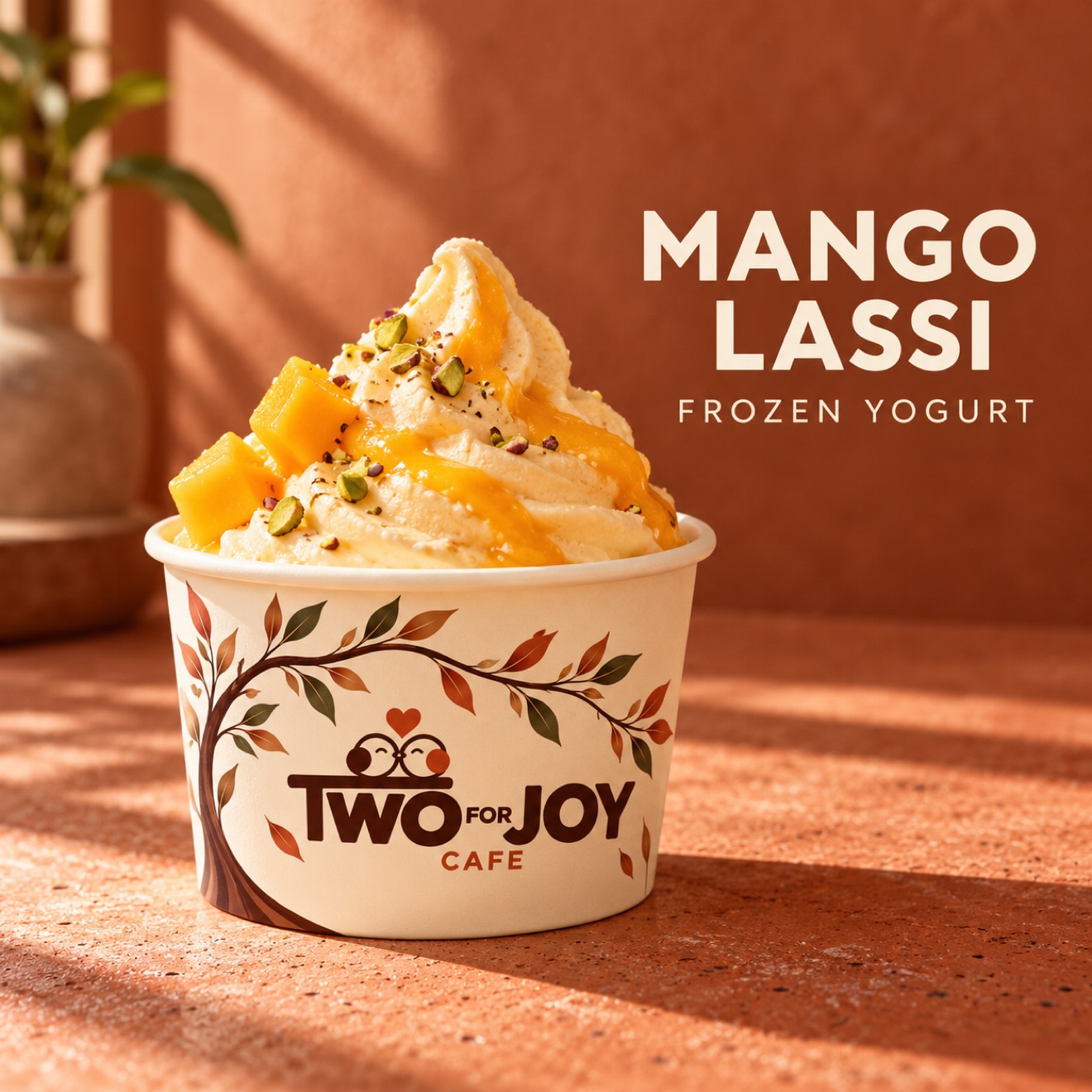 Mango lassi frozen yogurt with mango and pistachio