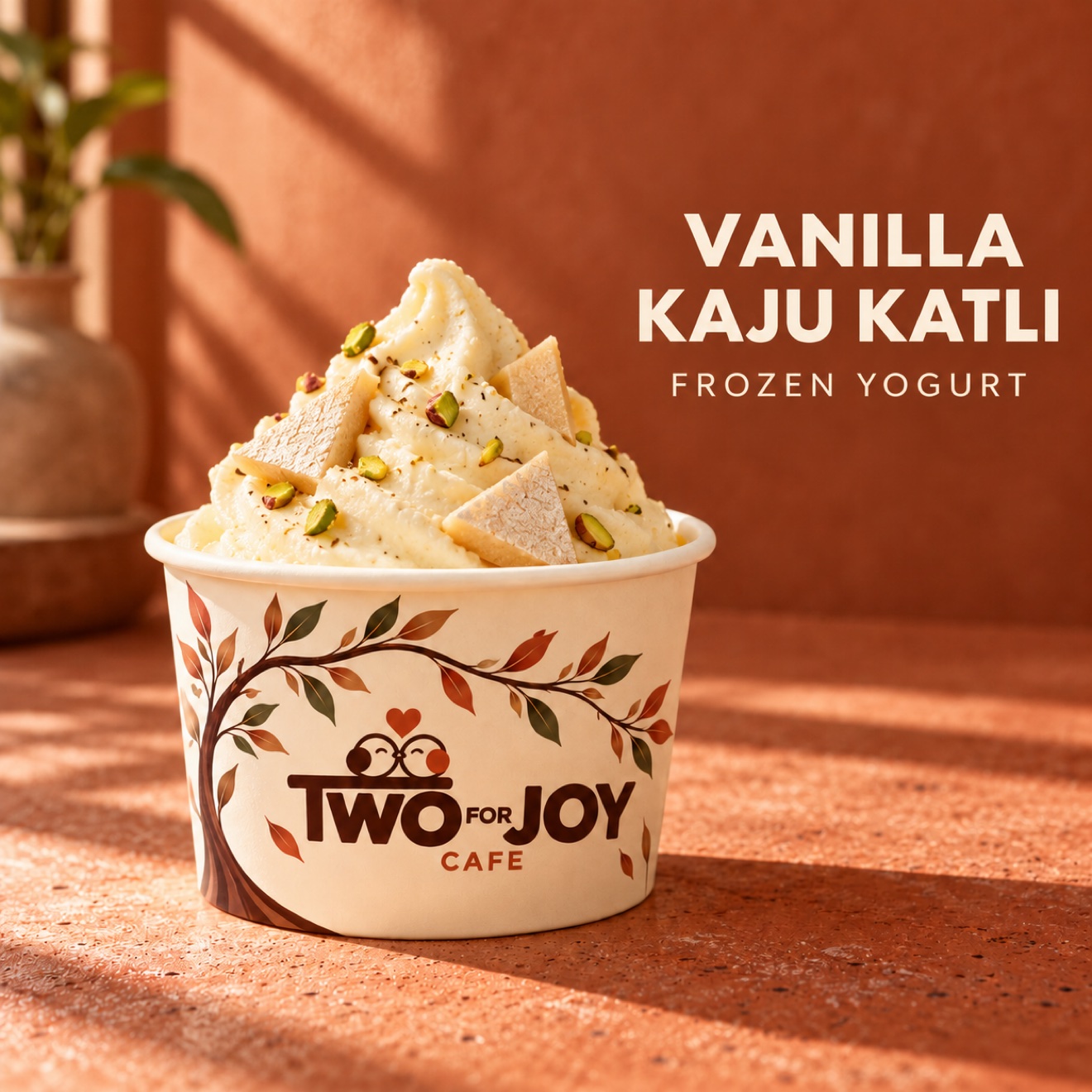 Vanilla Kaju Katli frozen yogurt with pistachio and pieces of cashew sweet