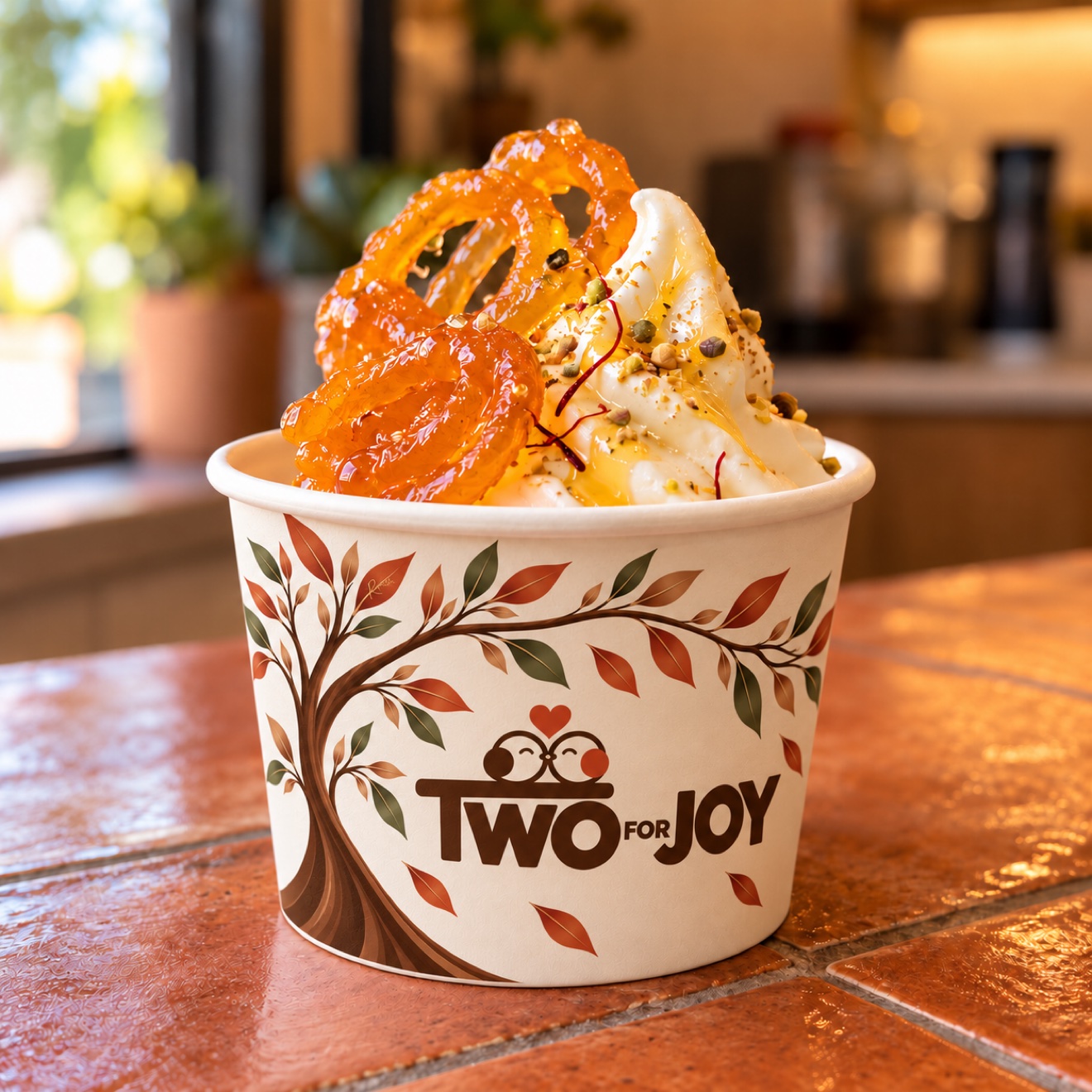 Kesar frozen yogurt topped with crisp saffron jalebi and pistachio